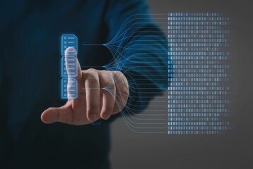 A person in a blue suit interacts with a futuristic digital interface projected from their hand