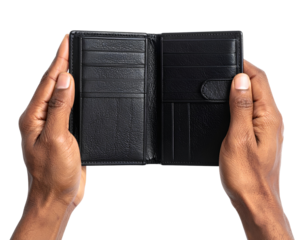 Untitled design - Firefly_Empty black wallet in male hands, cut out_cut out