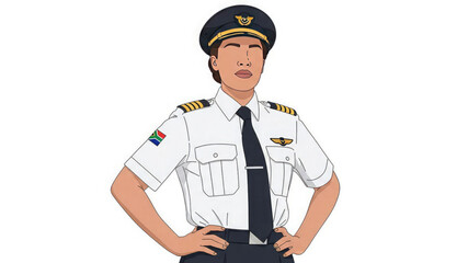 Confident pilot in uniform with hands on hips standing strong