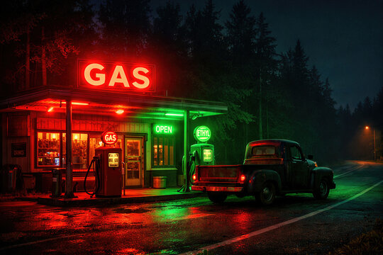 Deserted gas station in rural America with neon lights at night
