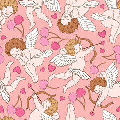 Seamless vector pattern with Valentine angel character with cherry and hearts. Cute vintage cupid illustration for fabric or print design.	