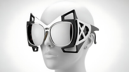 Futuristic white and black avant-garde sunglasses with geometric frames displayed on a white mannequin head, showcasing a high-fashion cyberpunk aesthetic and unique eyewear design for experimental