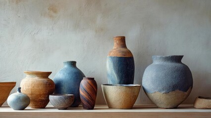 Obraz na płótnie Canvas Assorted ceramic vases and bowls in blue and earthy tones arranged on a wooden shelf. Concept Ceramic Vases, Blue and Earth Tones, Wooden Shelf Display, Clay Bowls, Rustic Table Decor