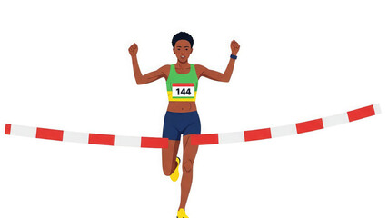 A dark skinned woman in green sports bra and blue shorts runs