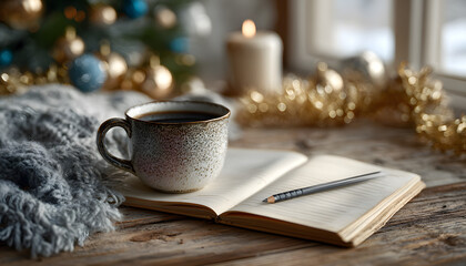 Planning New Year resolutions with blank notebook, black coffee, pencil, and festive golden streamers with blue ornaments