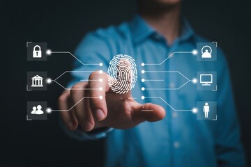 A man in a blue shirt interacting with a digital fingerprint interface for secure authentication and data access