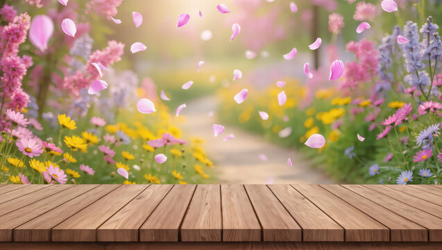 Falling pink flower petals along garden path with wooden table foreground for spring mockup background and product display design