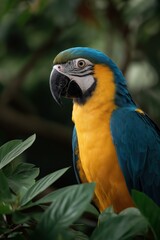 Vibrant blue and yellow macaw in lush greenery