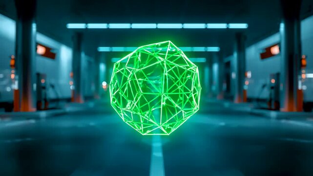 Glowing Green Polyhedral Orb Floating in Dark Sci-Fi Corridor with Neon Blue Lights