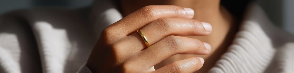 Close-up of hand with gold ring on finger