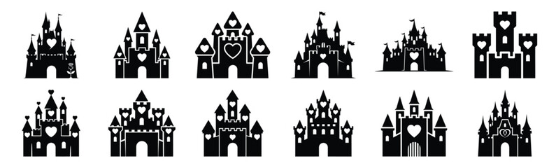 Collection of valentine romantic castle silhouette icon set. Happy valentines day icons black silhouette illustration art © KartikChandro