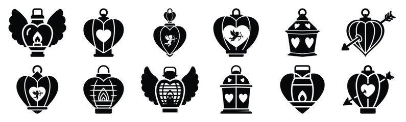 Obraz premium Collection of cupid heart lantern silhouette icon set. Happy valentines day icons black silhouette illustration art