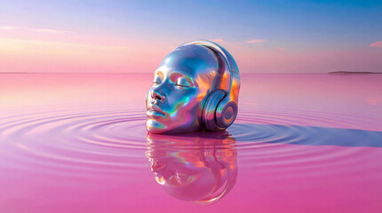 Surreal and serene image of a futuristic, highly reflective chrome head wearing headphones