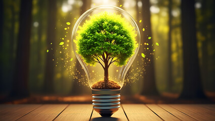 Tree inside a light bulb representing eco friendly innovation
