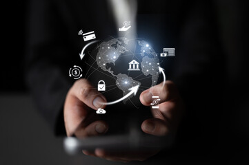 Worldwide digital payment network showing secure financial transactions. Digital payment supports transfer, digital payment ensures security, boosts convenience, drives global finance. Latch