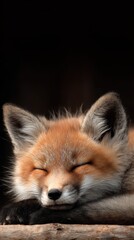 Fototapeta premium baby fox resting calmly, subject low, large copy space above 