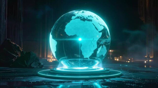 Glowing globe displaying world map against dark backdrop