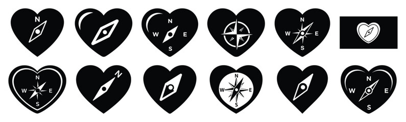 Collection of heart shaped love compass silhouette icon set. Happy valentines day icons black silhouette illustration art © KartikChandro