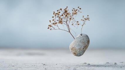 A rock with dried branches sprouting from a crack, suspended in the air above a sandy beach and pale blue sky. Concept Surreal coastal scene with a suspended rock and dried branches