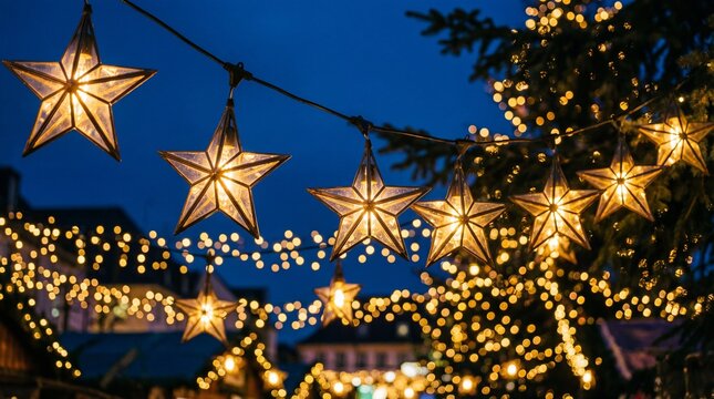 Star shaped Christmas string lights on blue night background with golden bokeh lights - Powered by Adobe