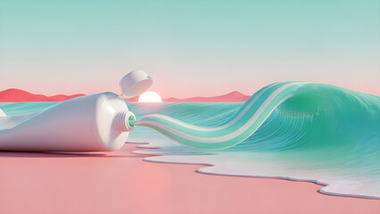 Creative tube of paint spilling onto pastel wave in surreal landscape  