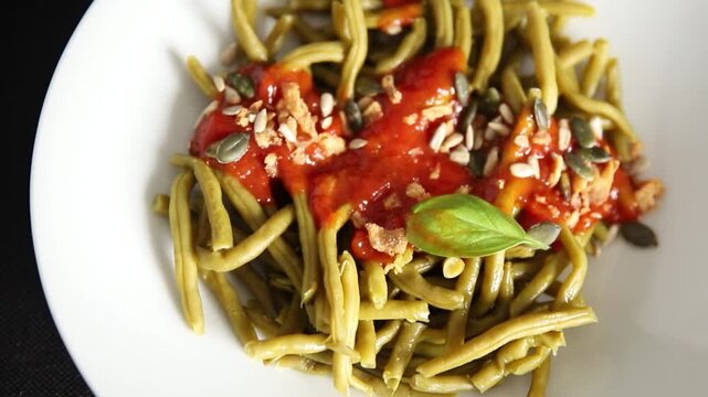 Green string beans tomato sauce main course natural food product appetizer tasty snack fresh delicious gourmet food background on the table rustic food top view copy space keto and paleo diet vegetari
