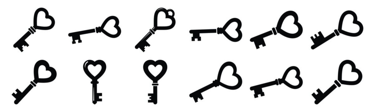 Collection of heart shaped treasure key silhouette icon set. Happy valentines day icons black silhouette illustration art