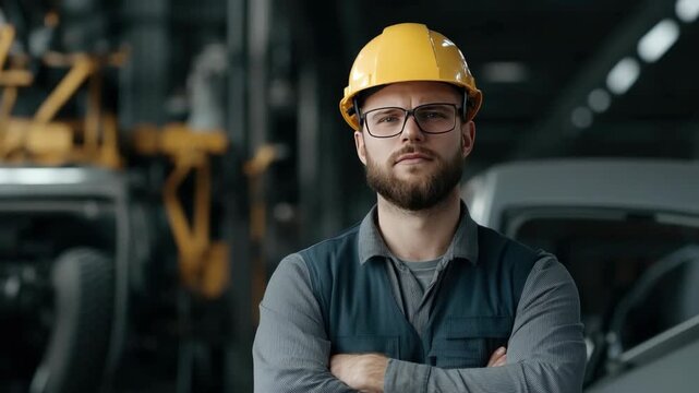 A focused individual in safety helmet and glasses stands confidently, showcasing commitment to workplace safety and productivity - Powered by Adobe