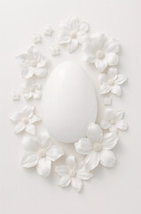 Elegant Easter egg frame with white flowers on neutral background.Minimal Easter background