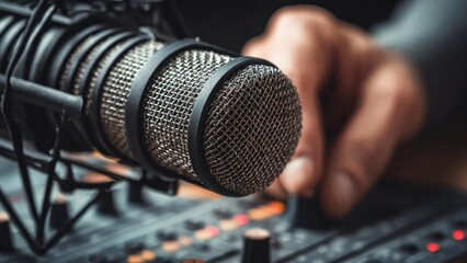 Close-up of a microphone in front of a mixing console, with hands near the controls. Concept Studio Recording, Audio Engineering, Microphone Close-Up, Mixing Console, Hands-on Controls