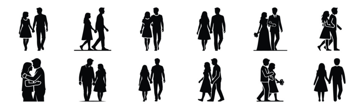 Collection of romantic couple walking silhouette icon set. Happy valentines day icons black silhouette illustration art