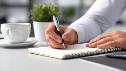 A person writes in a spiral notebook at a desk with a pen, beside a coffee cup and a small potted plant. Concept Cozy desk setup, Writing in a spiral notebook, Pen and coffee cup, Small potted plant