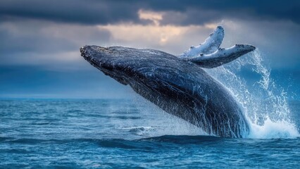 Naklejka premium A giant whale breaches the surface, its tail flukes spraying water as it leaps against a moody, overcast sky. Concept Whale Breach, Ocean Photography, Moody Sky, Water Spray, Wildlife Encounter