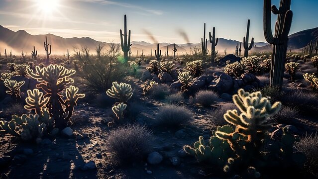 Golden Hour in Sonoran Desert with Backlit Cacti and Mountains