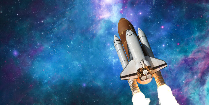 Space Shuttle in the stars. Rocket fly in outer space. Spaceship mission. Sci-fi science wallpaper. Launch of rocket carry astronauts in outer space. Elements of this image furnished by NASA. Not AI