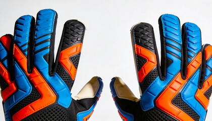 Close-up of blue, orange, and black goalkeeper gloves on white background, ideal for sports equipment advertising