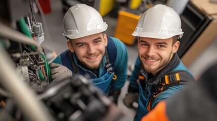 Cheerful industrial workers team in uniform, expertise machinery equipment