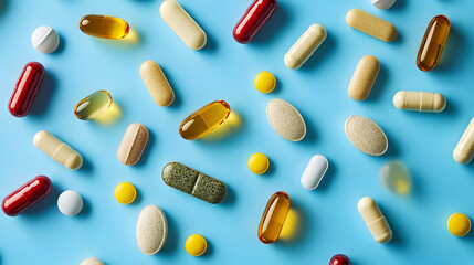 Variety of colorful pills and capsules on blue background
