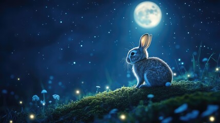 Enchanting midnight scene with a rabbit, moon, and sparkling lights display