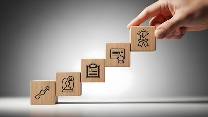 Hand placing wooden block with graduation cap on top of stack of blocks with business icons