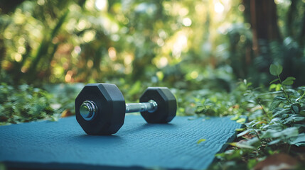 Dumbbell on yoga mat in serene forest setting for outdoor workout