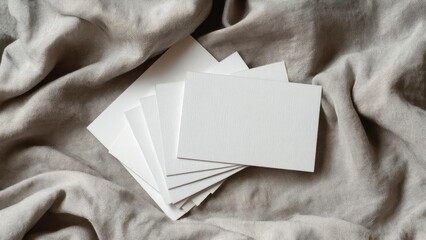 Blank white cards arranged in a slight fan on a soft gray fabric background. Concept Blank Cards, Fan Arrangement, Gray Fabric, Minimalist Photography, Still Life