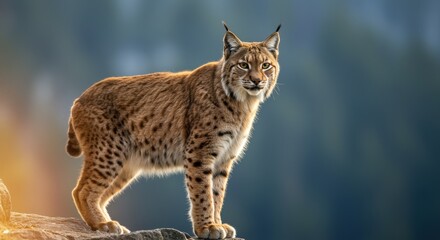 Obraz premium Eurasian Lynx Standing on a Rocky Ledge Against a Blurred Forest Background