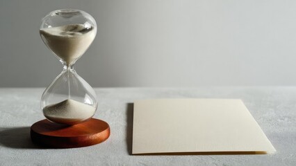 Hourglass with sand in both bulbs on a wooden stand, beside a blank beige sticky note on a white table. Concept Hourglass sand timer, Wooden stand, Beige sticky note, White table