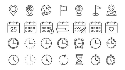 Time and Calendar Line Icon Set – Clock, Schedule, Date and Location Symbols Vector