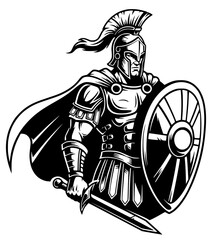A black and white vector illustration depicts a fierce Spartan or Roman-style warrior, shown from the chest up, against no background