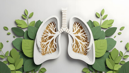Paper art representation of human lungs with green leaves