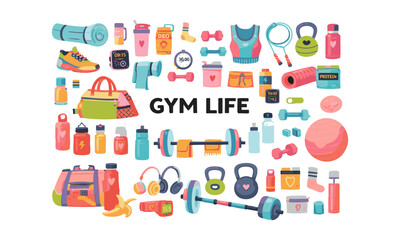 Obraz premium Colorful Gym Life Flat vector Illustration Featuring Fitness And Workout Equipment , easily editable. 