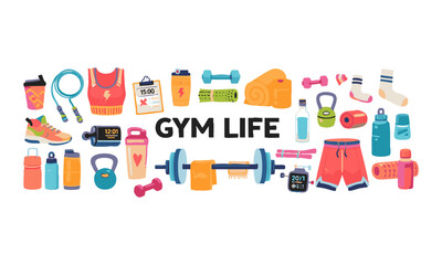 Fototapeta premium Flat Vector Gym Life Illustration With Workout Accessories And Fitness Tools , easily editable. 