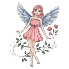 Whimsical Fairy Illustration with Pink Dress and Large Blue Wings